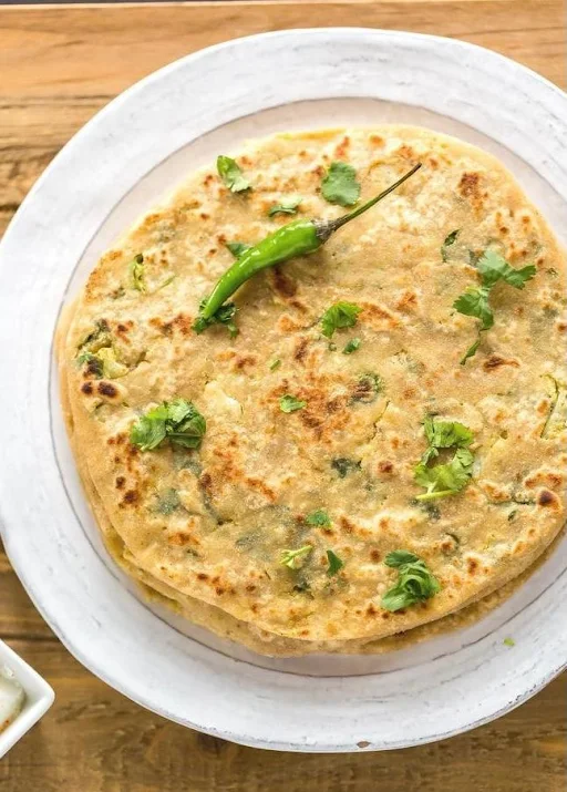 10" Gobi Chilli Garlic Paratha+Achar, White Butter, Mint Chutney, Dahi