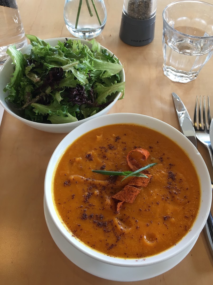 Curried Carrot Soup is in the menu every day. Shown with small side salad, which was a misunderstanding—I got different salad (see photo).