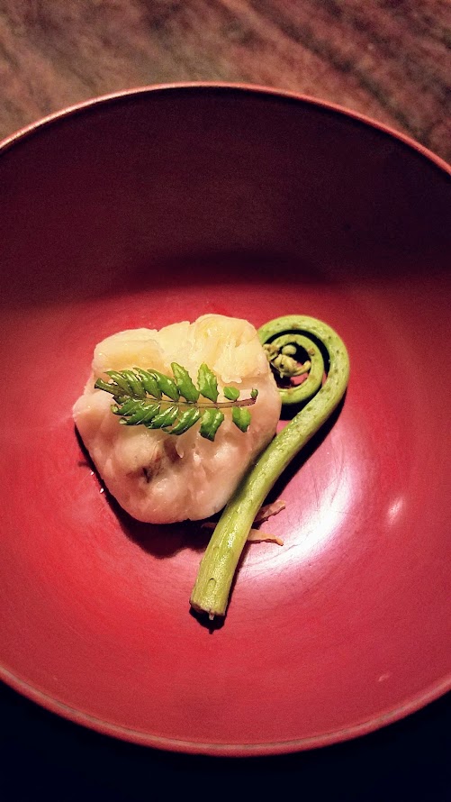 Fukami 19 course dinner of small plates and sushi: Kani Shinjo Osulmono, Dungeness crab dumpling with fiddlehead and clear soup