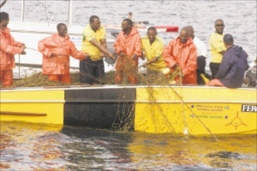 HARD AT WORK: MEC for economic development and tourism Michael Mabuyakhulu changes nets with KwaZulu-Natal Sharks Board members yesterday. This is aimed at ensuring that soccer fans, who will descend on the province for the World Cup, will be able to enjoy the splendour of the warm beaches without being worried about shark attacks. Pic: THULI DLAMINI. 18/03/2010. © Sowetan.