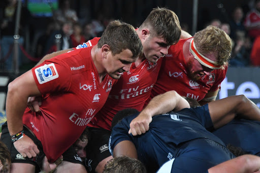 Ruan Dreyer, Malcolm Marx, Jacques van Rooyen of the Lions during the Super Rugby match between Emirates Lions and Vodacom Bulls at Emirates Airline Park on May 20, 2017 in Johannesburg, South Africa.