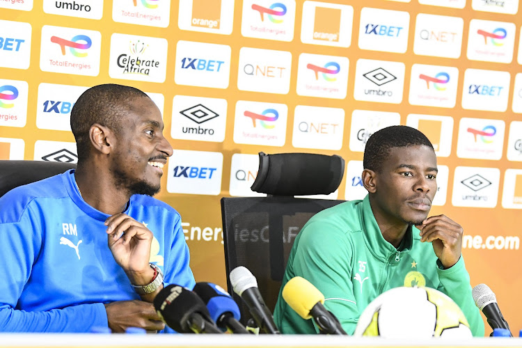 Mamelodi Sundowns coach Rulani Mokwena and midfielder Neo Maema during their press conference ahead of their Champions League match against CR Belouizdad of Algeria.