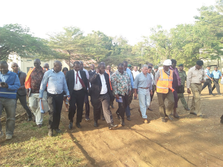 Interior CS Fred Matiangi during a tour of ongoing works at the Kisumu Port on Friday