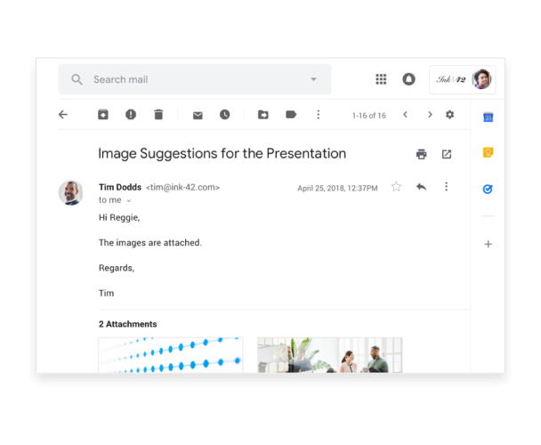 Gmail inbox interface showing Calendar, Keep and Task apps on the right-hand side.