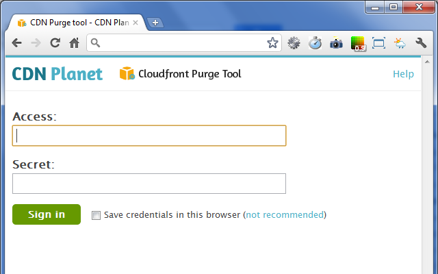 CloudFront Purge Tool screenshot - sign in