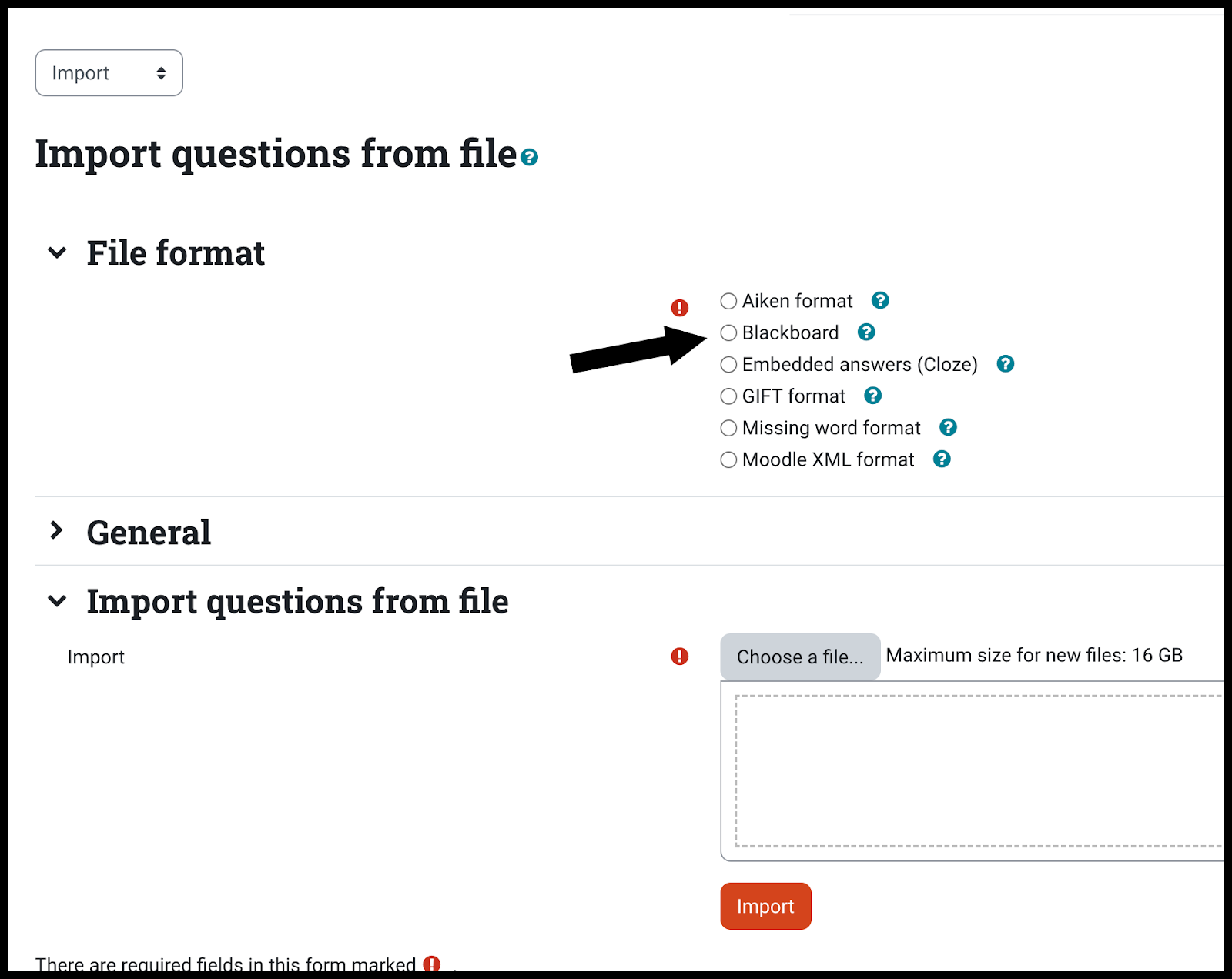 In Import questions from file area there is a File format menu and an arrow pointing to Blackboard