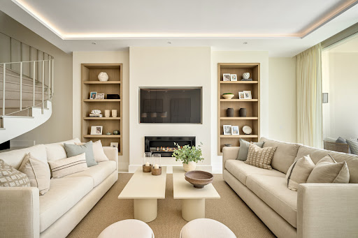 Prestige house for sale in Benahavís (Spain) - Modern living room with fireplace and staircase