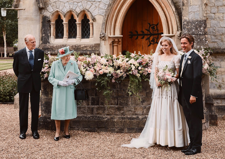 Princess Beatrice and Edoardo Mapelli Mozzi outside The Royal Chapel of All Saints at Royal Lodge after their wedding, with Queen Elizabeth II and the Duke of Edinburgh. Princess Eugenie has shared what a "joy and privilege" it was to witness her sister's wedding in a heartfelt Instagram post.