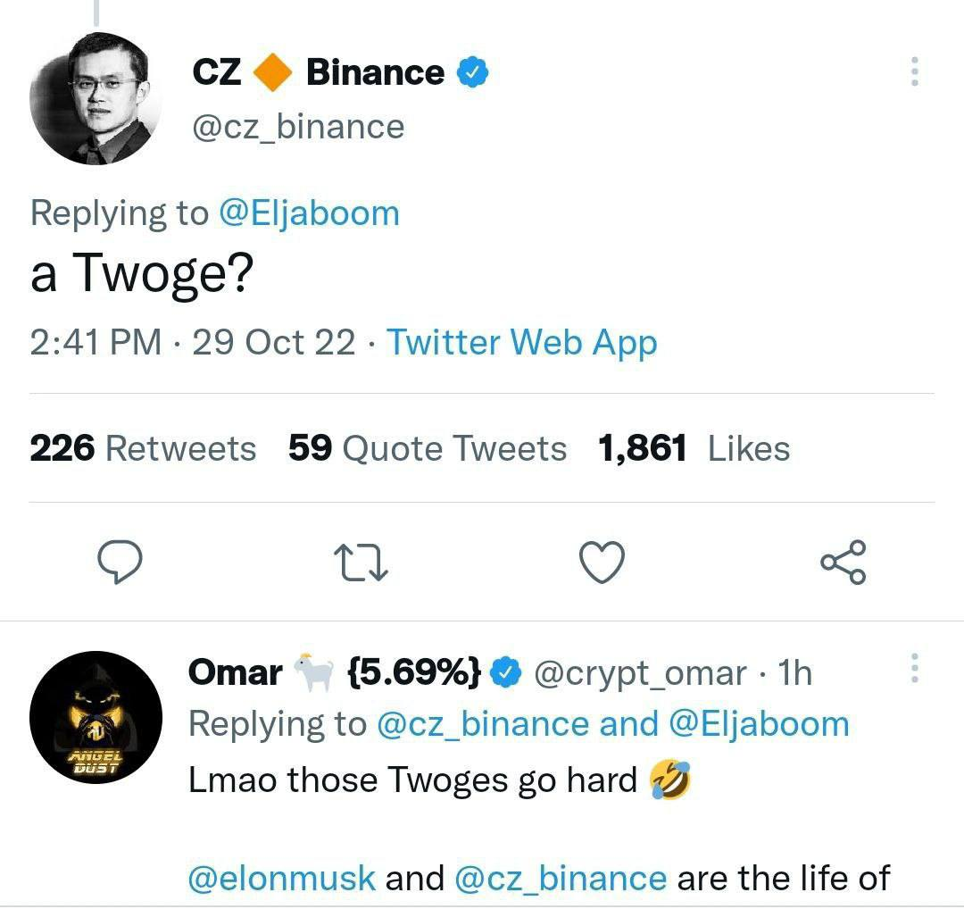 CZ, der Gründer von Binance, twittert über Twoge Inu