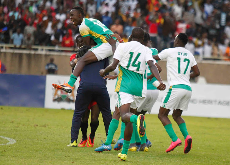 Kariobangi Sharks players celebrate after wiining against Everton during the Sportpesa Super Cup at Moi Stadium, Kasarani