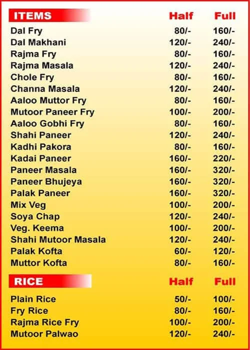 Pure Veg menu 