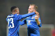 Thabo Mnyamane and Jeremy Brockie celebrates during the CAF Confederations Cup Qualifying 3rd Round Second Leg match between SuperSport United and Barrack Young Controllers at Lucas Moripe Stadium on April 16, 2017 in Pretoria, South Africa. (Photo by Lefty Shivambu/Gallo Images)