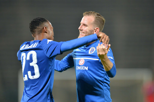 Thabo Mnyamane and Jeremy Brockie celebrates during the CAF Confederations Cup Qualifying 3rd Round Second Leg match between SuperSport United and Barrack Young Controllers at Lucas Moripe Stadium on April 16, 2017 in Pretoria, South Africa. (Photo by Lefty Shivambu/Gallo Images)