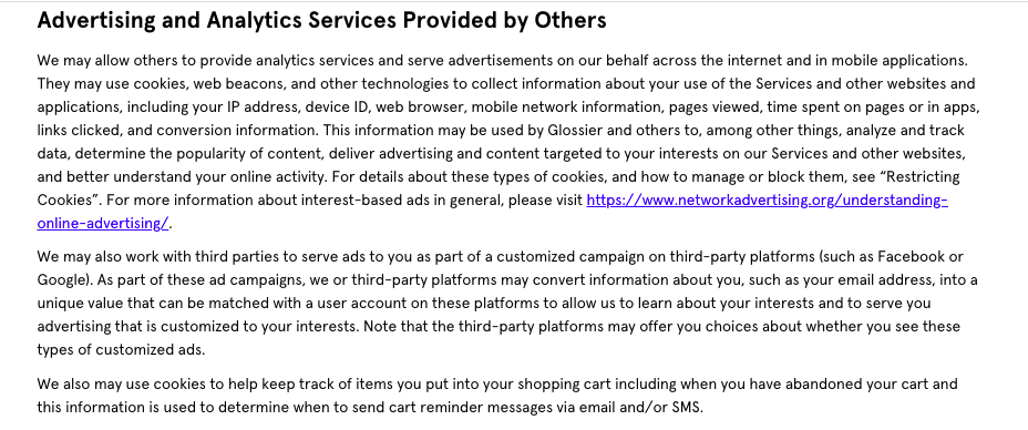 Glossier privacy policy - access to information - analytics