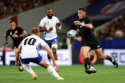 New Zealand winger Rieko Ioane takes on Tiaan Swanepoel of Namibia during their Rugby World Cup match at Stadium de Toulouse on September 15 2023 in Toulouse, France.