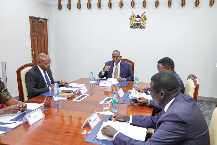 Cabinet Secretary for Defence Aden Duale, his counterpart from the Youth Affairs and Sports, Ababu Namwamba and other officials engaging in talks on February 27, 2024