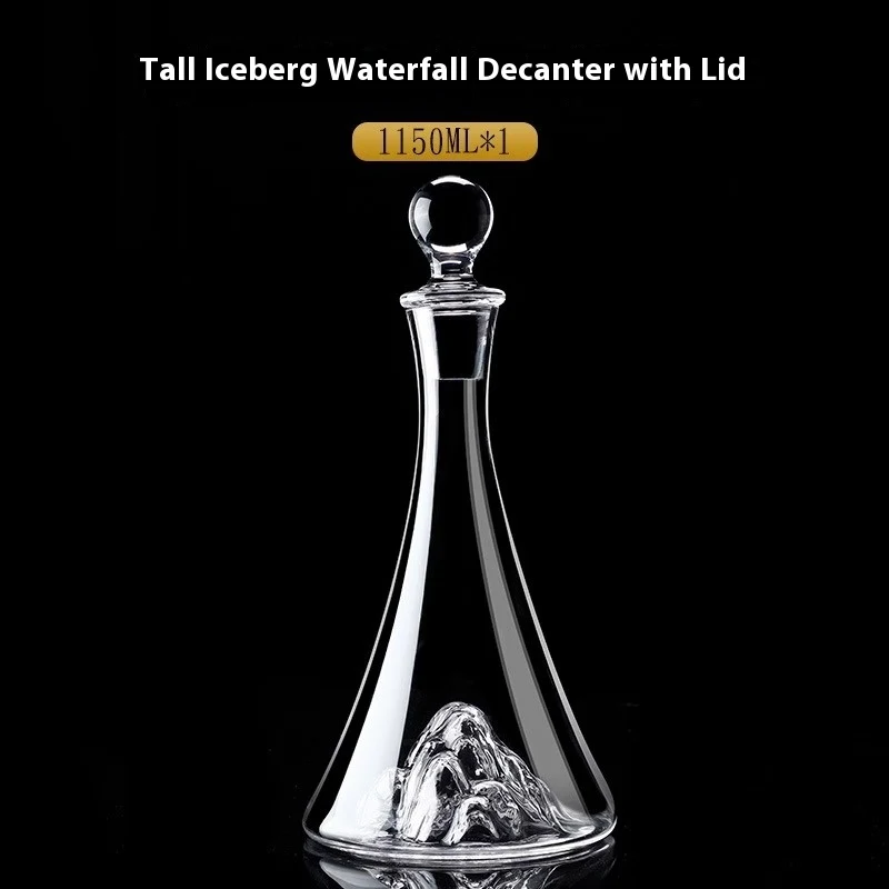 Blue Gold Mountain Waterfall Decanter With Lid. Elevate your wine experience. Aerate, pour with style. Premium crystal. 