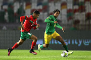 Mouad Bougaizane of Morocco challenges Xavier Manuel Jodamus of South Africa during the 2023 Under 17 African Cup of Nations match between Morocco and South Africa held at the Mohamed Hamlaoui Stadium in Constantine, Algeria on 30 April 2023.