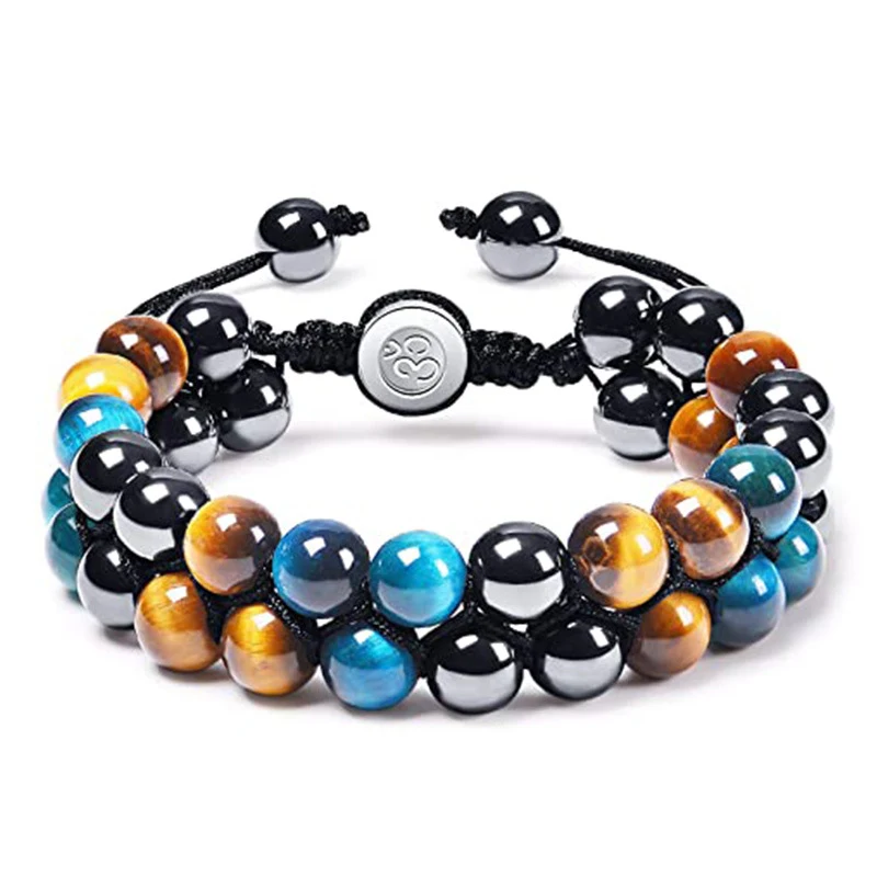 Bracelet magnétique en œil de tigre bleu, double couche fait à la main, pour énergie et style, un accessoire élégant pour tous.