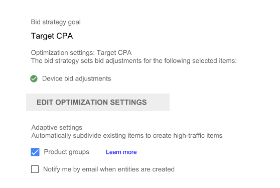 Bing Shopping Campaign Bid strategy settings in campaign editor. Mobile bid adjustments check box selected. And under Adaptive settings, Product groups check box selected.