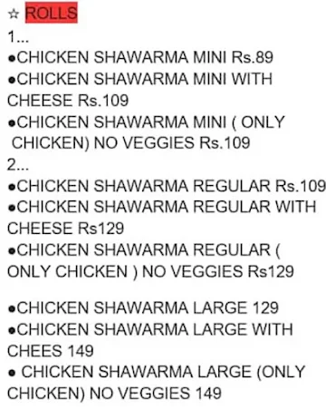 Shandaar Shawarma menu 