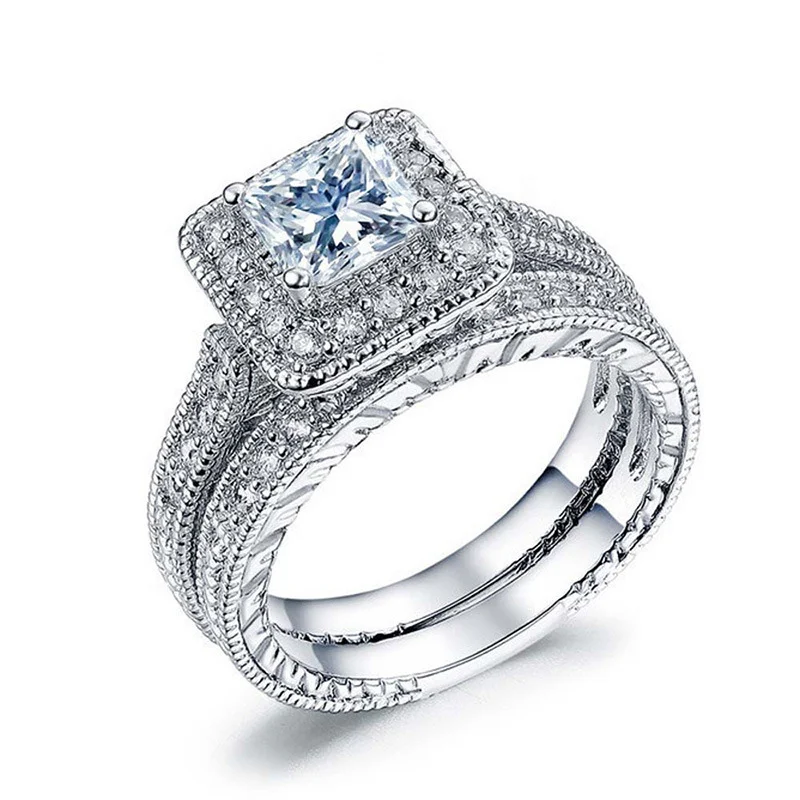 Diamantes europeus e americanos com banho de prata, moda de luxo para casais, broca quadrada, brilho elegante.