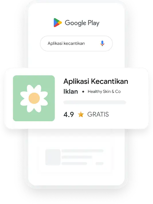 Ilustrasi telepon menunjukkan kueri penelusuran Google Play untuk Aplikasi Kecantikan yang menghasilkan iklan Aplikasi yang relevan.