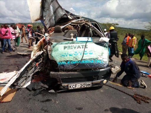 A 14-seater Nissan matatu that got involved in accident along Nairobi-Mombasa highway at Kapiti plains in Machakos County killing five people on the spot on Monday./GEORGE OWITI.