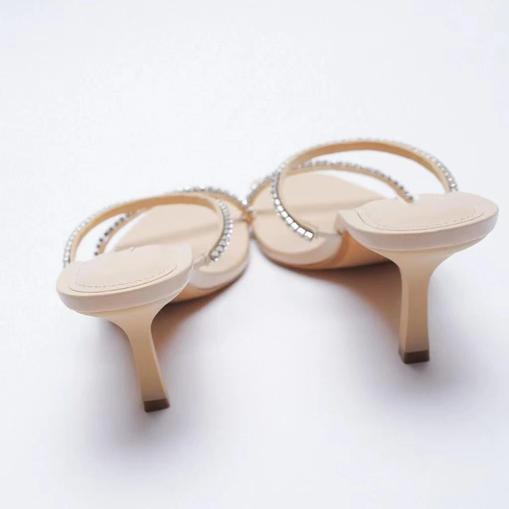 Title 5, Dames High Heels Beige Vierkante Kop Glitter St...