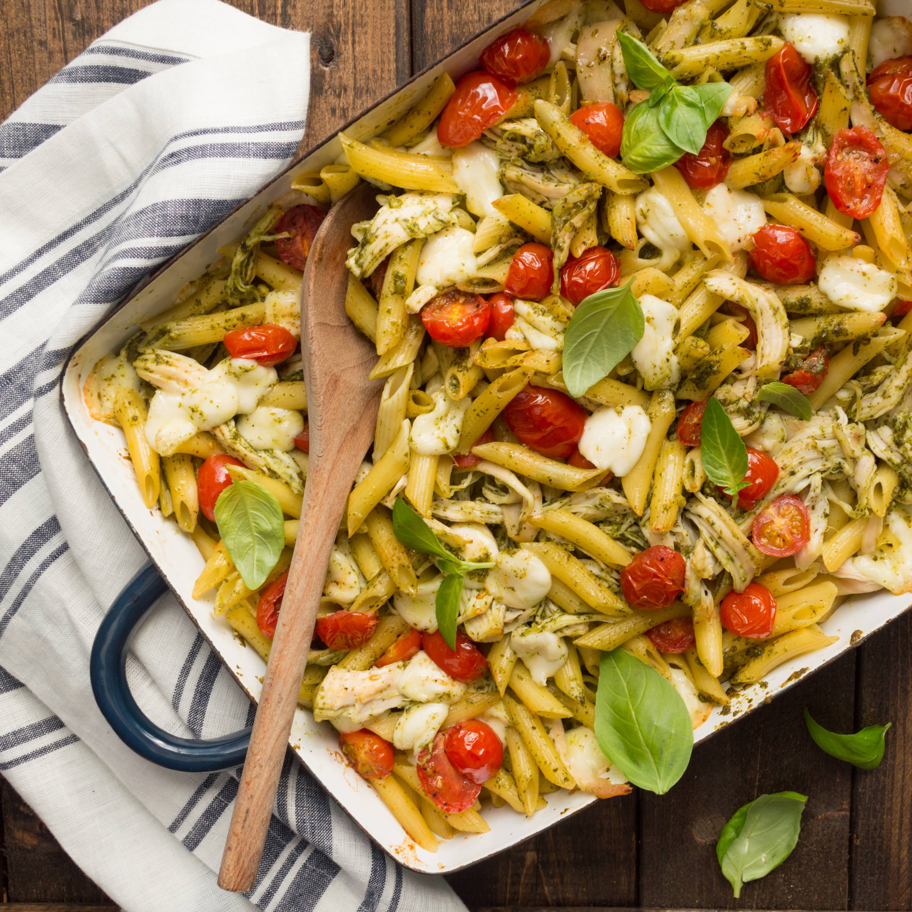 Caprese Chicken Pesto Pasta Bake