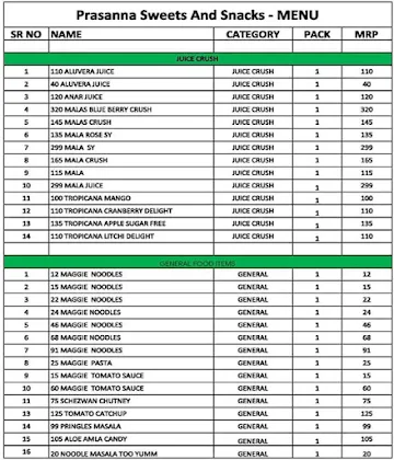 Prasanna Sweets And Snacks menu 