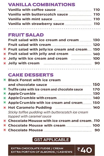 Corner House Ice Cream menu 