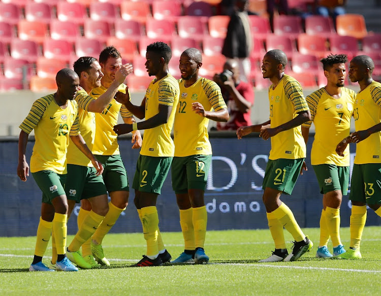 South Africa celebrates Dean Furman of South Africa's goal during the 2019 Nelson Mandela Challenge match between South Africa and Mali at Nelson Mandela Bay Stadium on October 13, 2019 in Port Elizabeth, South Africa.