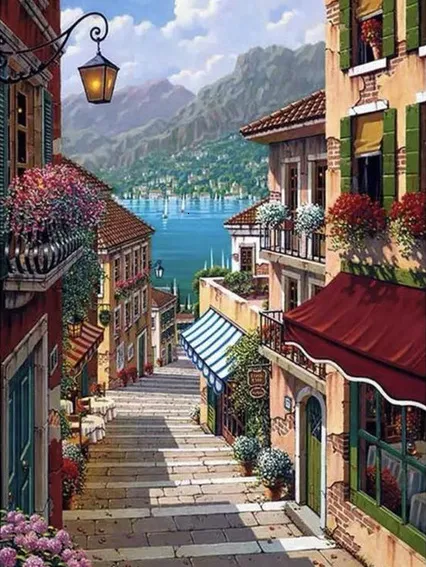 Pintura Diamante 5D Completa Tema Calle Decoración Hogar Bordado Paisaje Relajante y Creativo Arte Mural