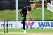 Kyle Jamieson of New Zealand bowls during game one of the One Day International series between the New Zealand Blackcaps and Bangladesh at University of Otago Oval on March 20, 2021 in Dunedin, New Zealand. 