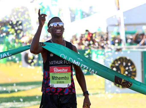 Comrades marathon winner , Maritzburg local Bongmusa Mthembu wins the race for his second time.