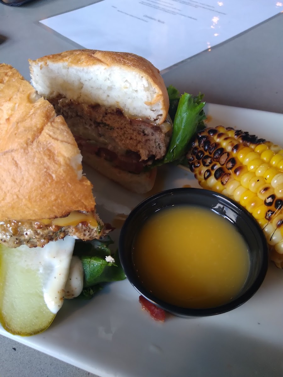 Create your own turkey burger on a gf bun and grilled corn