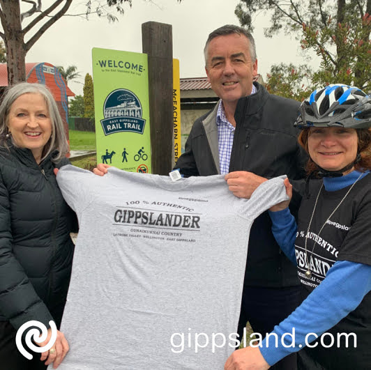 Local MP Darren Chester pictured with (L-R) East Gippsland Rail Trail Committee of Management Deputy Chair Gaynor Rettino and These Girls & Boys Can Ride member Cosette Murphy