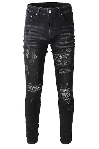 Title 2, Mens Black Cashew Flower Printed Patch Torn Je...