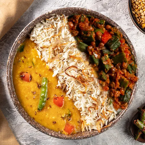 Yellow Dal Tadka, Bhindi Chana & Jeera Pulao