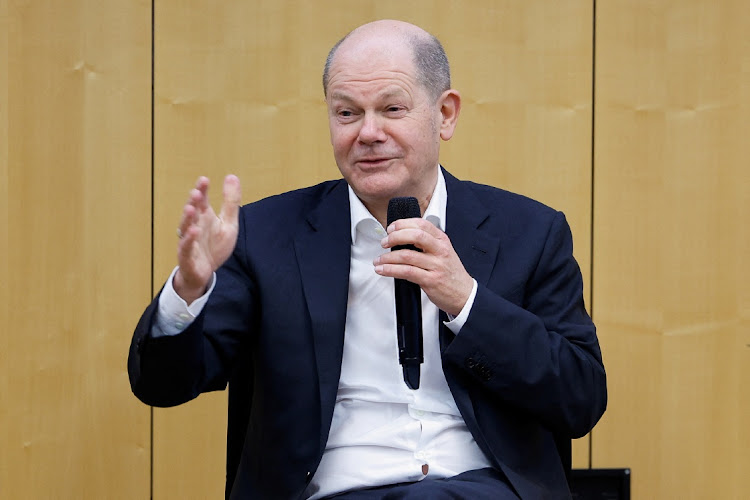 German Chancellor Olaf Scholz speaks during a panel discussion as he attends EU Day at a school in Sindelfingen, Germany, March 4, 2024.