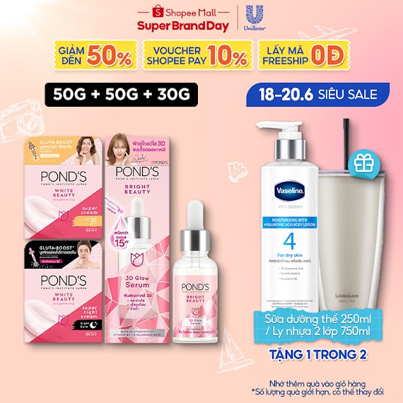 Combo Serum Dưỡng Sáng Mờ Thâm Và Kem Dưỡng Ẩm Ngày Đêm Pond's Bright Beauty 30G & (50G X 2)