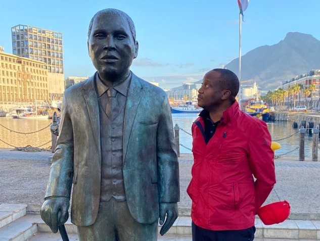 JJ Tabane with a statue of Albert Luthuli - ANC leader from 1952 to 1967 - at the V&A Waterfront in Caope Town in February 2022.