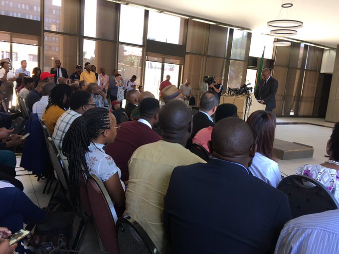 Herman Mashaba delivers his resignation speech at a press conference in Johannesburg on October 21 2019.