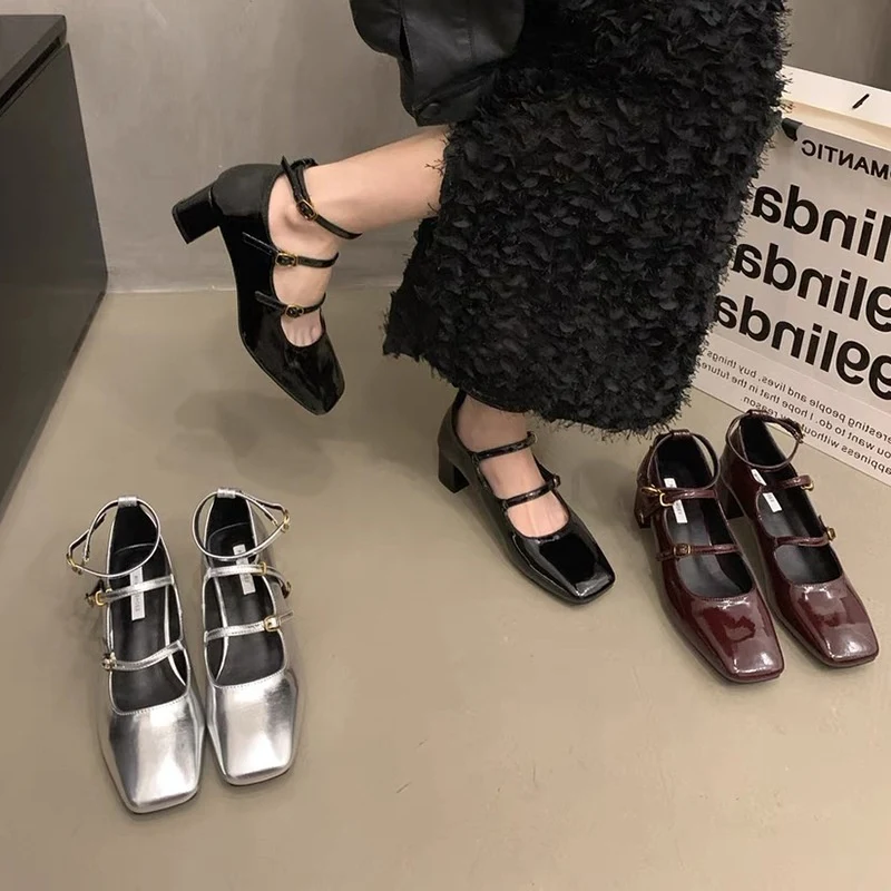 Silver Square Toe French Style Women's Shoes with Chunky Heel Pumps and High Heels for a sophisticated and fashionable l