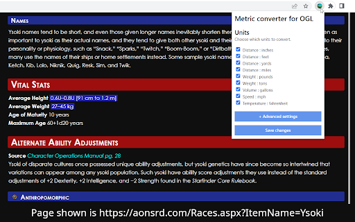 Metric converter for Starfinder