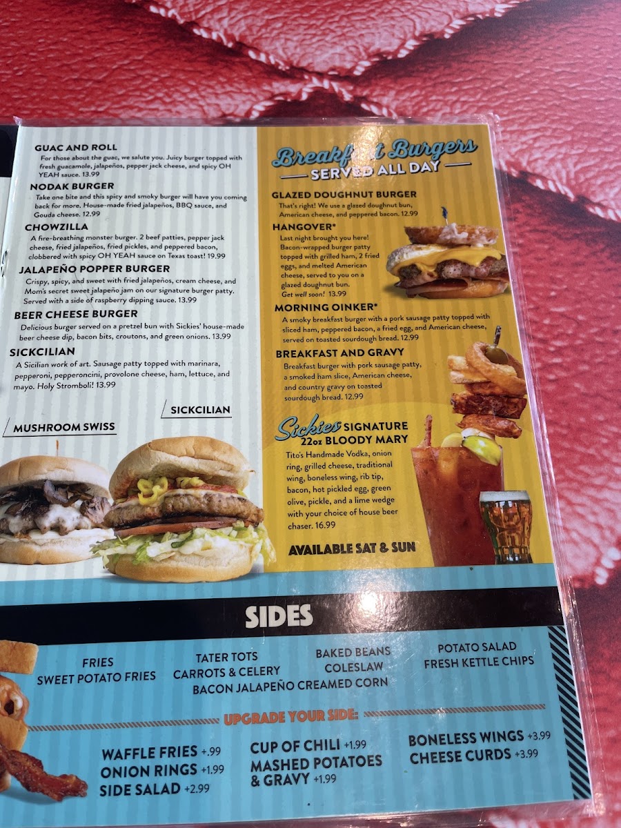 Sickies Garage Burgers & Brews gluten-free menu