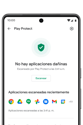 En la pantalla de un teléfono Android se muestra Google Play Protect abierto. Un escudo verde con un ícono de marca de verificación se ilumina con el mensaje 'No se encontraron aplicaciones dañinas', lo que indica al usuario que su teléfono está seguro.