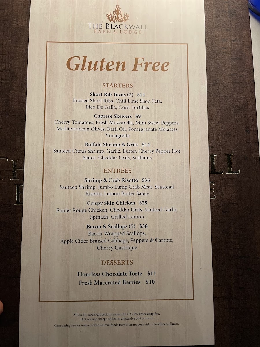 Blackwall Barn & Lodge gluten-free menu