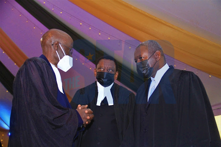 Council George Oraro, Senior Council James Orengo and Dr. Otiende Amollo in a private discussion before the beginning of the hearing of BBI appeal on Day 2 at appeals court on June. 30th.2021.